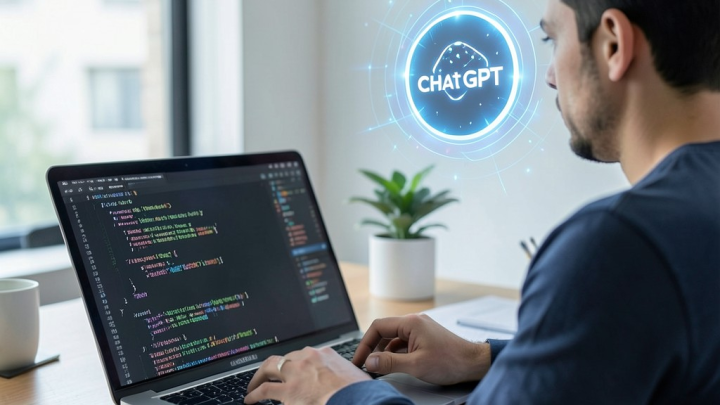 تصویر یک برنامه‌نویس در حال کدنویسی با کمک ChatGPT