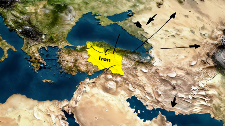 نقشه ژئوپلیتیک خاورمیانه با تمرکز بر ایران و روابط بین‌المللی