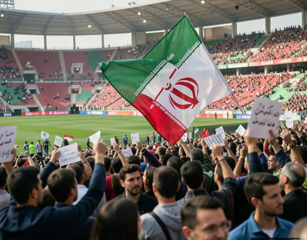 تصویری از یک استادیوم فوتبال با پرچم ایران و جمعیتی که نشانههای اعتراض را به همراه دارند، منعکسکننده تنشهای سیاسی-اجتماعی در کنار رویداد ورزشی.