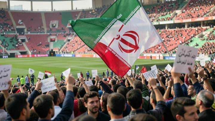 تصویری از یک استادیوم فوتبال با پرچم ایران و جمعیتی که نشانه‌های اعتراض را به همراه دارند، منعکس‌کننده تنش‌های سیاسی-اجتماعی در کنار رویداد ورزشی.