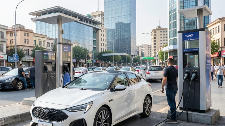 خودروهای برقی در حال شارژ در یک شهر مدرن ایرانی