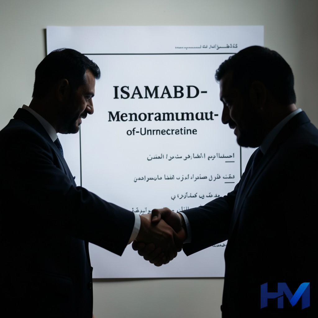 نماد دست دادن پنهان در پس‌زمینه تفاهم‌نامه اسلام‌آباد