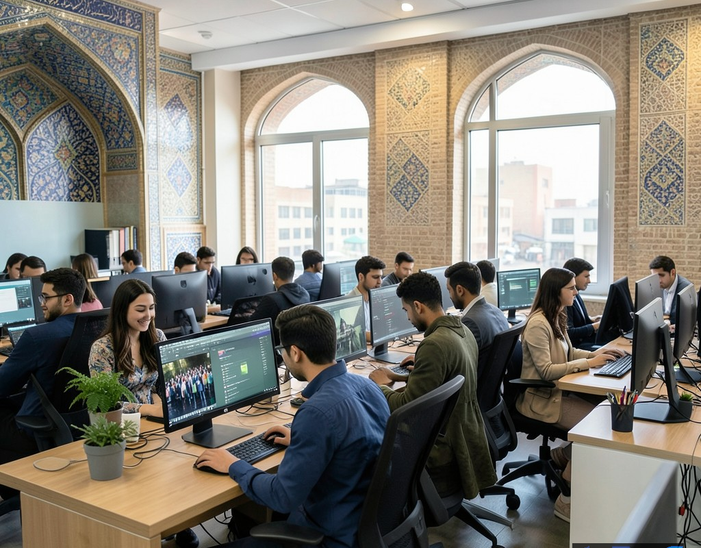 نمایی از یک فضای کاری مدرن در تهران با متخصصان جوان در حال همکاری بر روی پروژههای فناوری