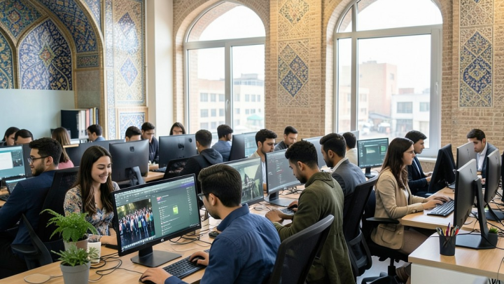 نمایی از یک فضای کاری مدرن در تهران با متخصصان جوان در حال همکاری بر روی پروژه‌های فناوری