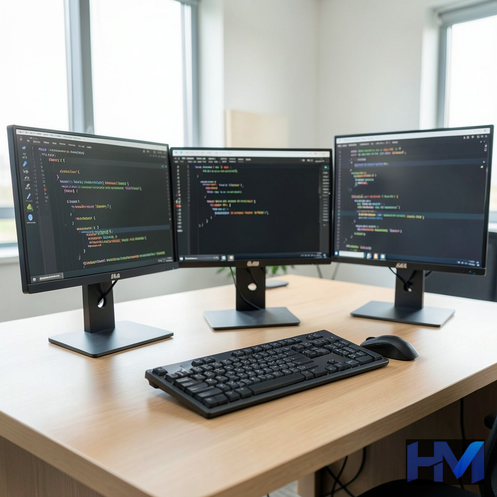 میز کار یک برنامهنویس با نمایشگرهای متعدد کد و ابزارهای توسعه نرمافزار