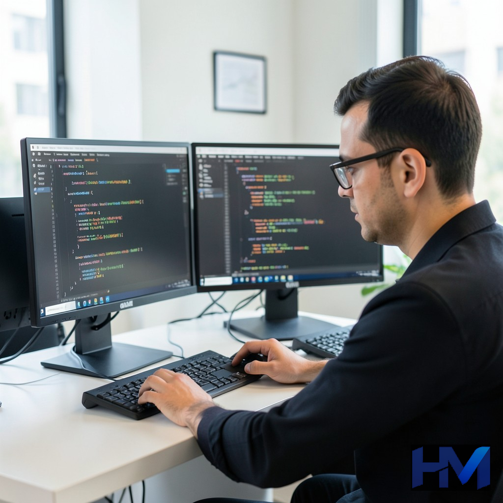 یک برنامه‌نویس در حال کار با چندین مانیتور و کدنویسی