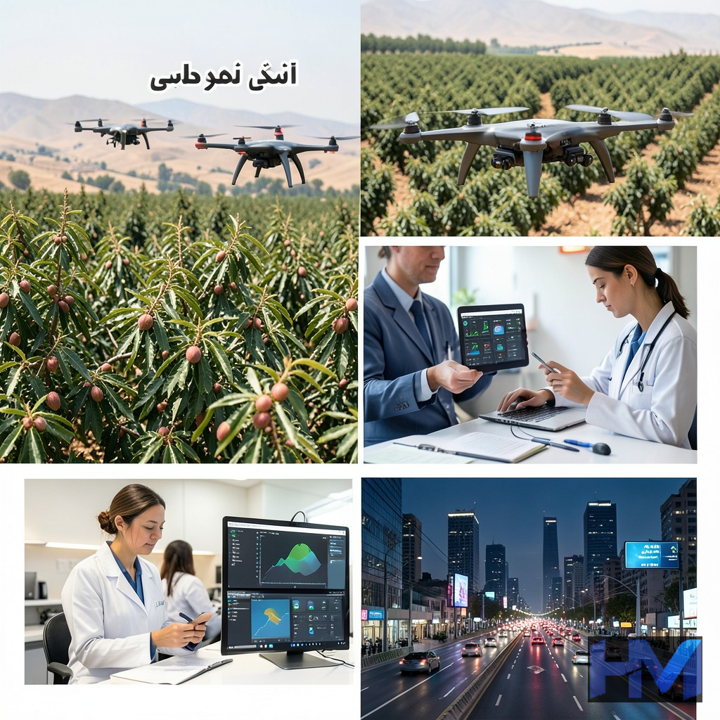 تصاویر متنوع از کاربردهای هوش مصنوعی در ایران شامل کشاورزی هوشمند، پزشکی و مدیریت شهری