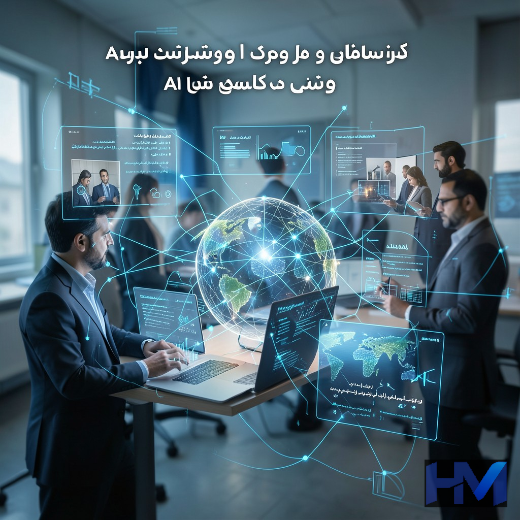نمایی مفهومی از حکمرانی هوش مصنوعی با شبکههای دیجیتال، چارچوبهای قانونی و ملاحظات اخلاقی