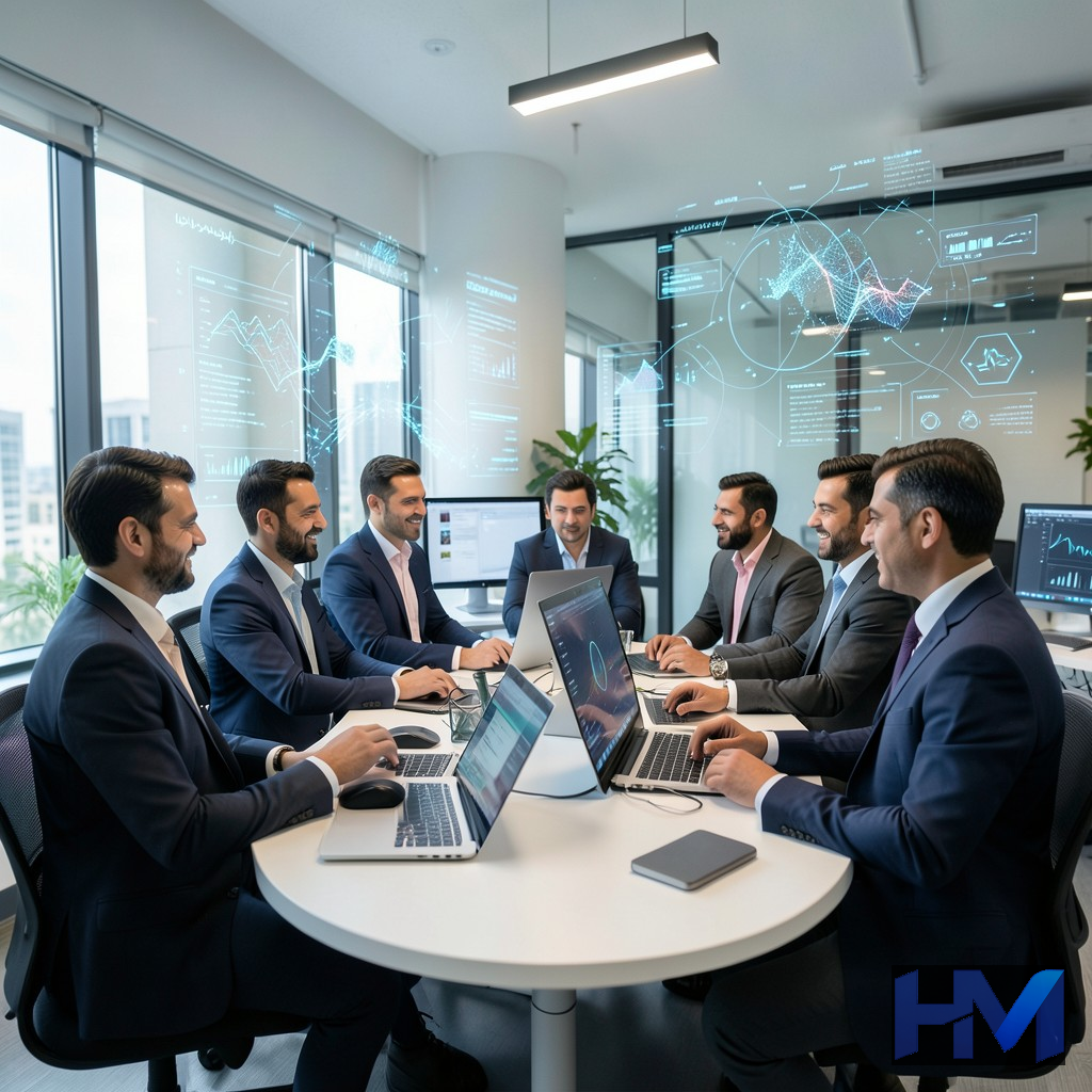 تصویری از همکاری متخصصان در یک شرکت هوش مصنوعی ایرانی با نمایش داده‌های دیجیتال
