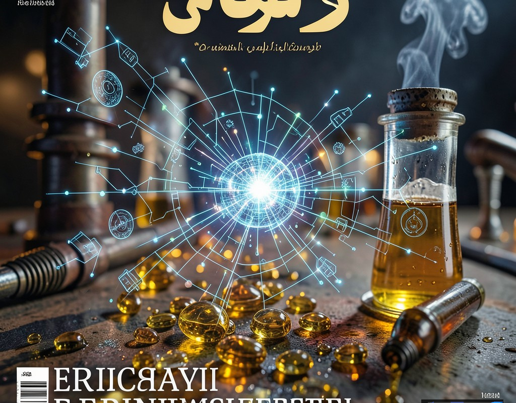 نمایی مفهومی از تلفیق هوش مصنوعی و صنعت نفت و گاز در ایران، با نمایش جریانهای دادهای هولوگرافیک بر روی تاسیسات نفتی.