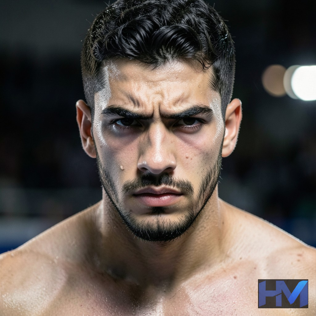پرتره نزدیک و فوتورئال از آرمین شمسیپور با نگاهی مصمم و متمرکز.