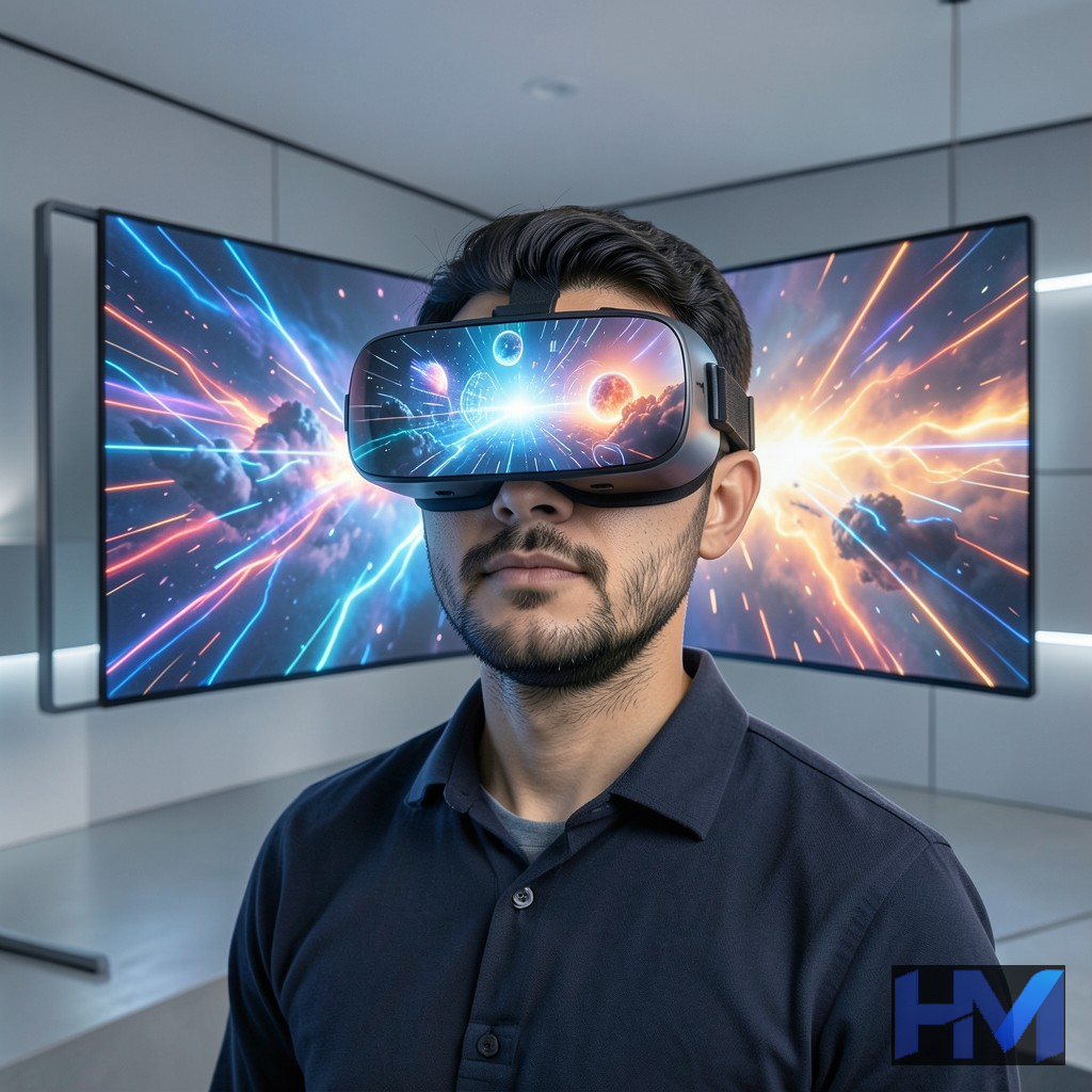 فردی در حال تجربه واقعیت مجازی (VR) در یک فضای سینمایی آیندهنگر