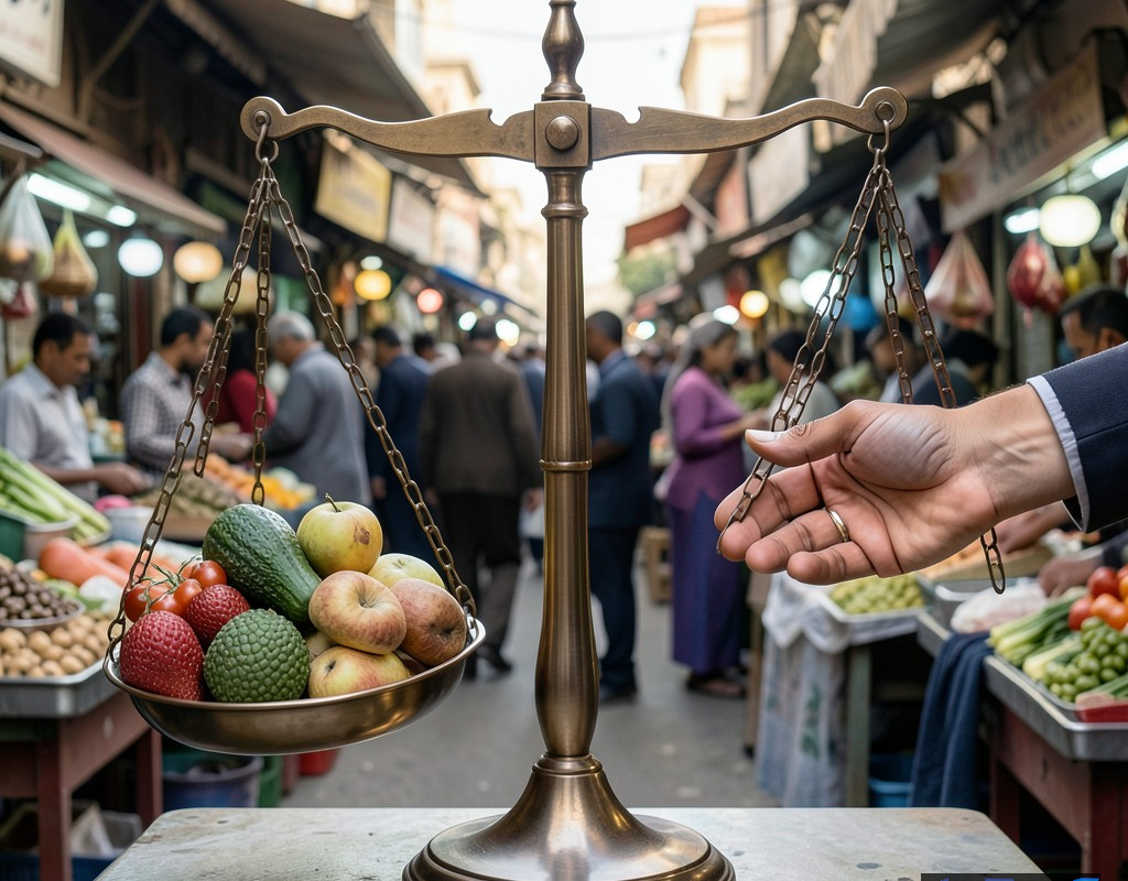 تصویری مفهومی از تعادل بازار و نظارت دولتی بر قیمتها