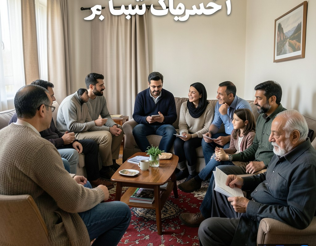 تصویری مفهومی از خانوادههای ایرانی در حال تماشای سریالهای اجتماعی و تأثیر آن بر زندگی روزمره.