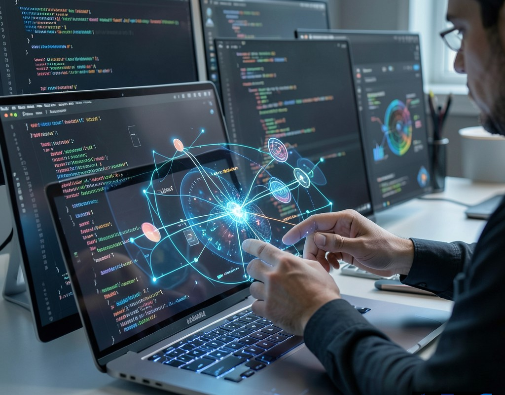 محیط توسعه وب آینده‌نگر با نمایش کدهای Next.js 15 و React 19