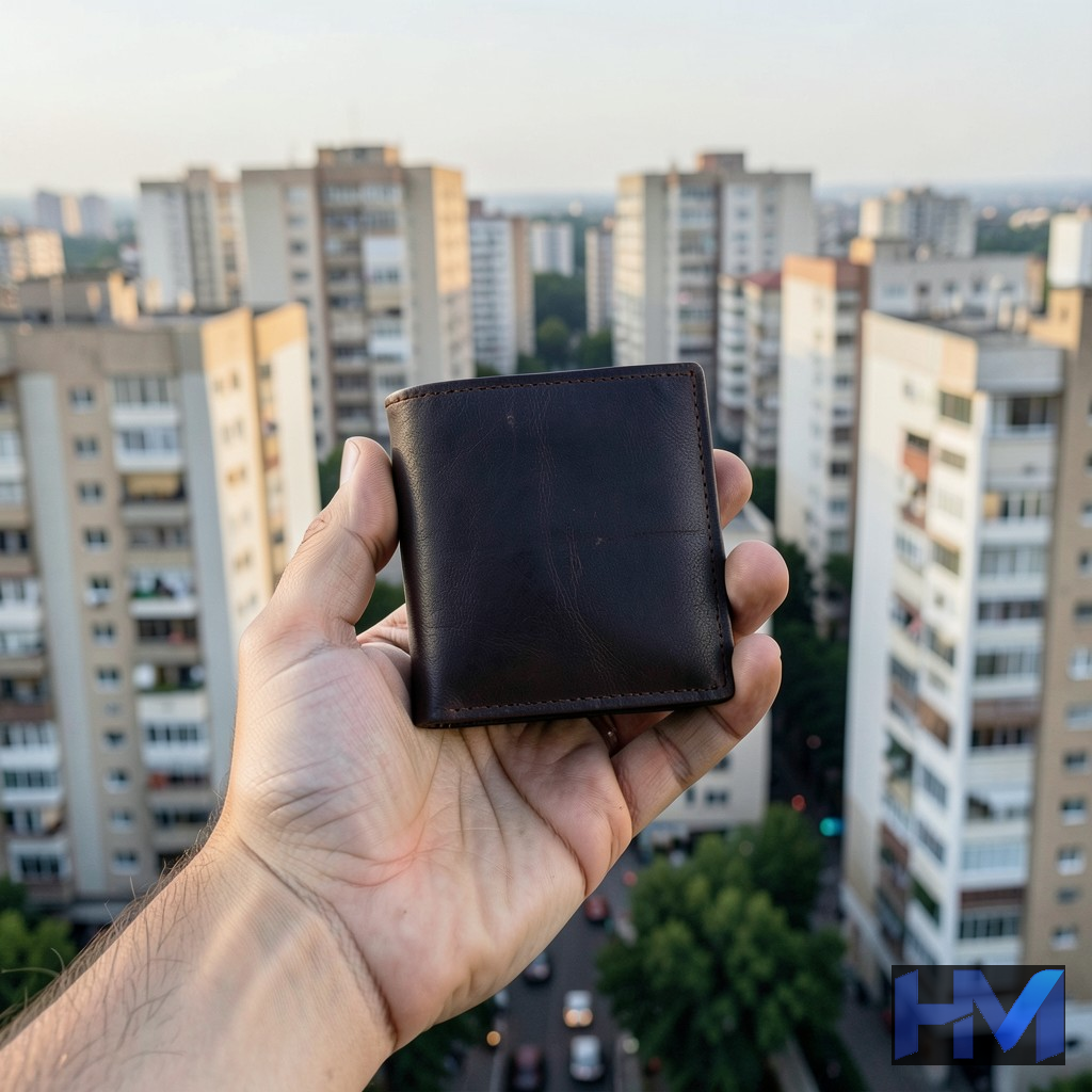کیف پول خالی در برابر ساختمان‌های بلند تهران، نمادی از گرانی مسکن