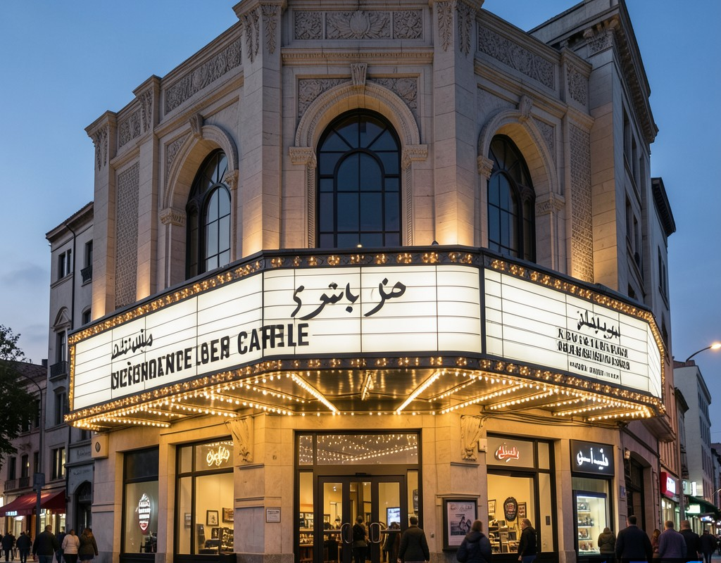 نمایی از تئاتر تاریخی اِرو در لس آنجلس که آماده برگزاری یک رویداد سینمایی بزرگ است.