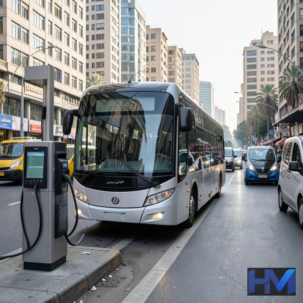 اتوبوس برقی در حال شارژ در ایستگاه شارژ شهری در ایران