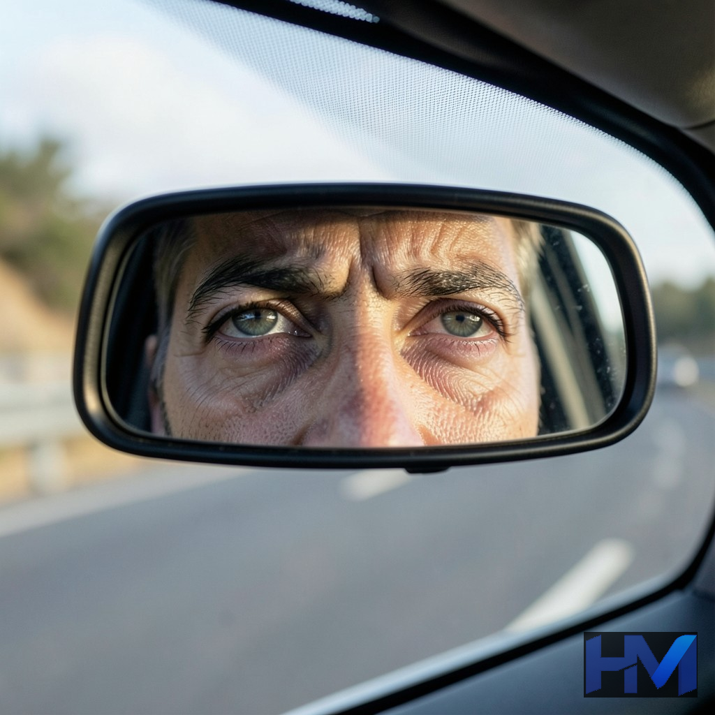 چشمان خسته راننده در آینه، نمادی از خطای انسانی و خستگی در رانندگی
