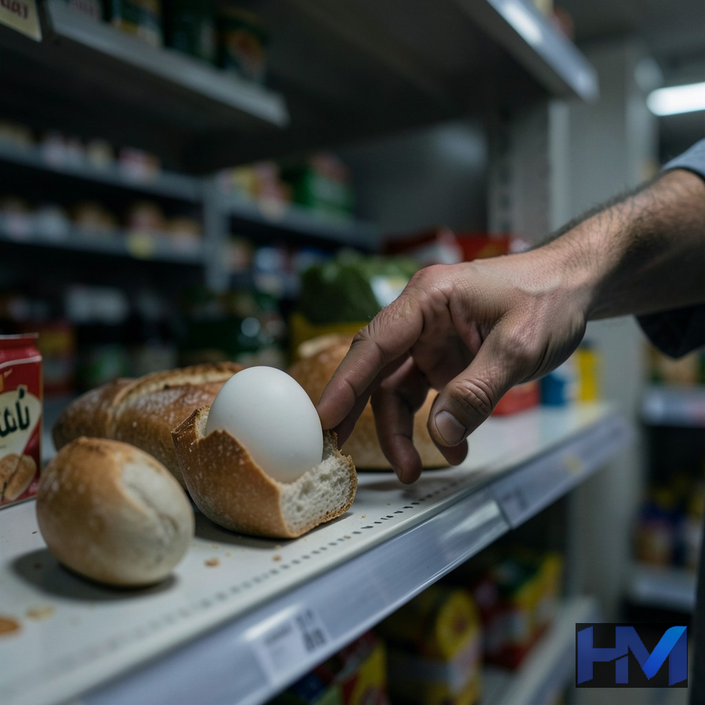 دستی در حال برداشتن مواد غذایی اندک از قفسه‌ای نیمه‌خالی، نمادی از گرانی و کاهش قدرت خرید