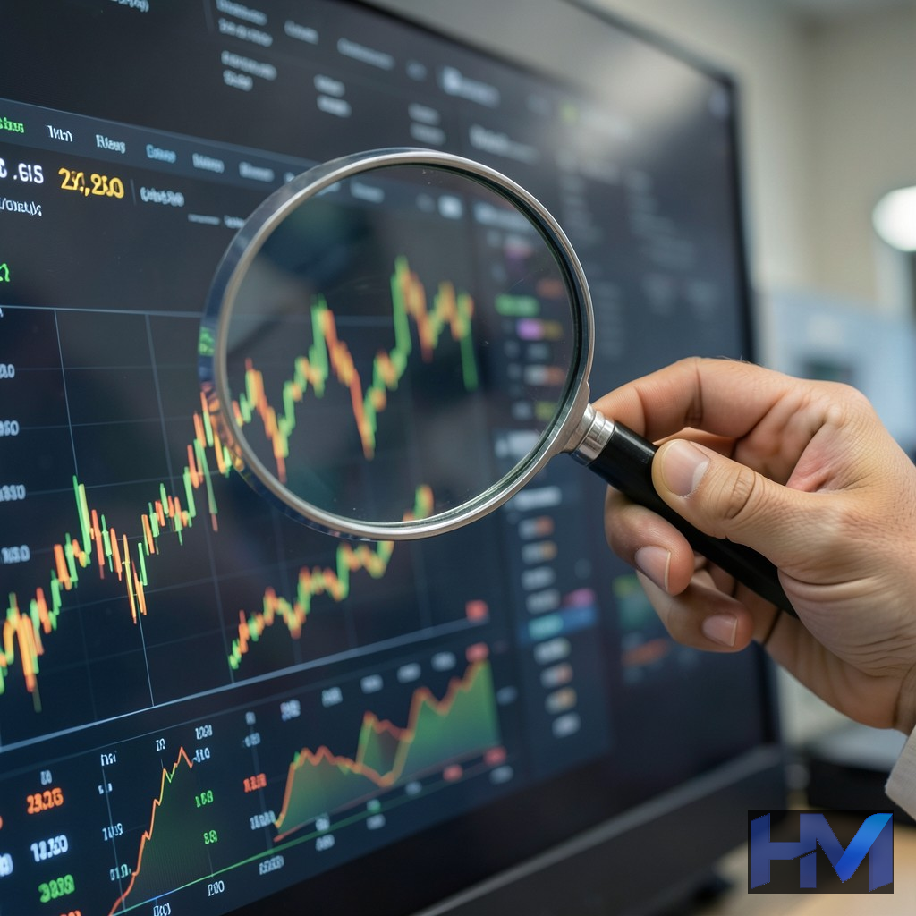 دستی در حال بررسی نمودار قیمت طلا با ذرهبین روی صفحه دیجیتال