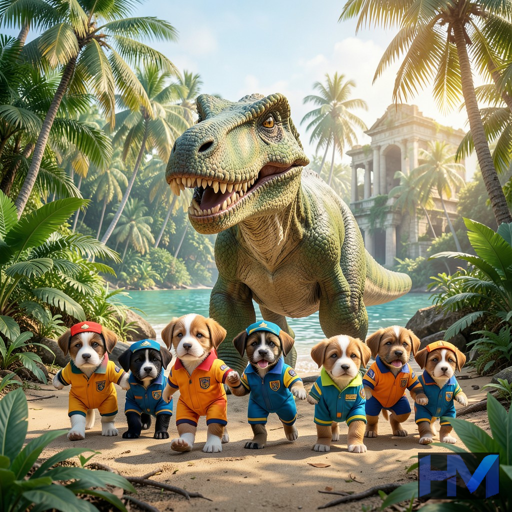 صحنه‌ای پر جنب و جوش از انیمیشن «PAW Patrol: The Dino Movie» با توله‌سگ‌ها و دایناسورها