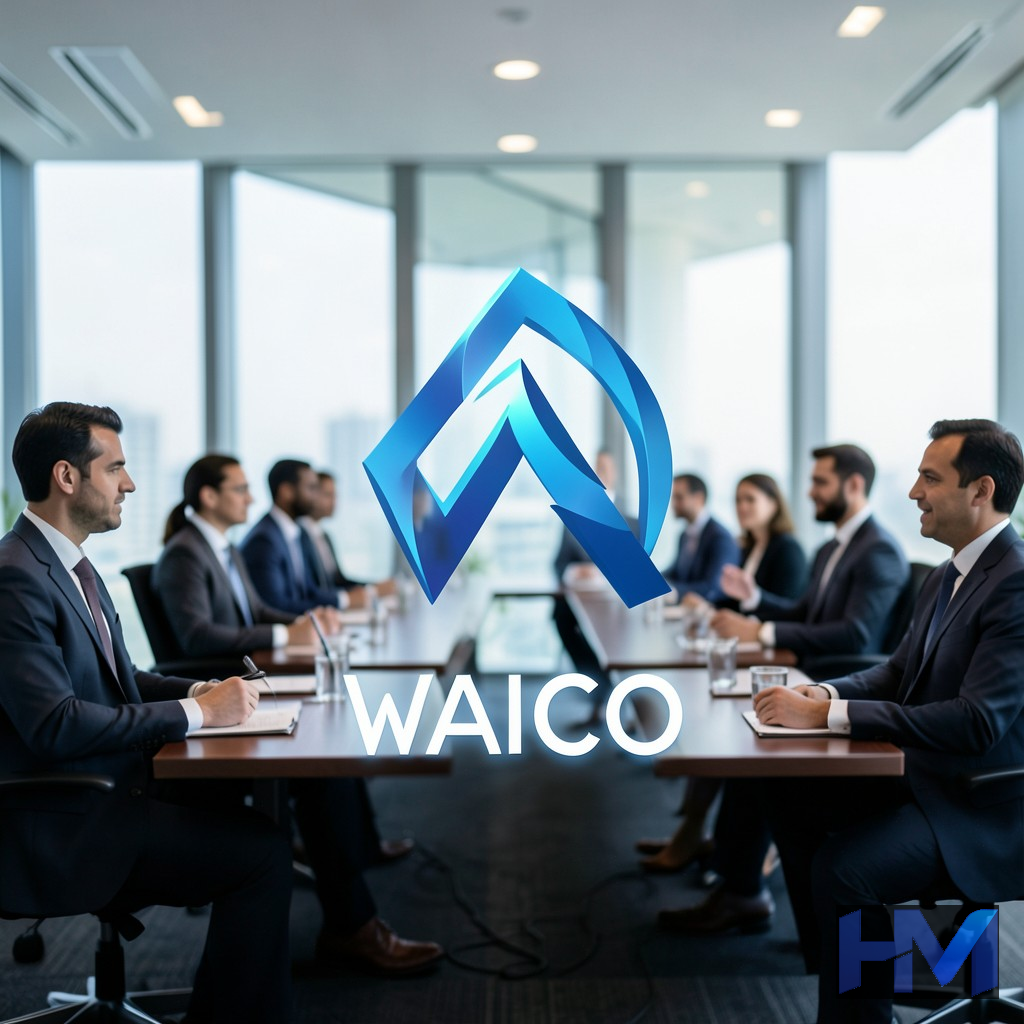 نمادی از سازمان جهانی همکاری هوش مصنوعی (WAICO) در یک کنفرانس بین‌المللی