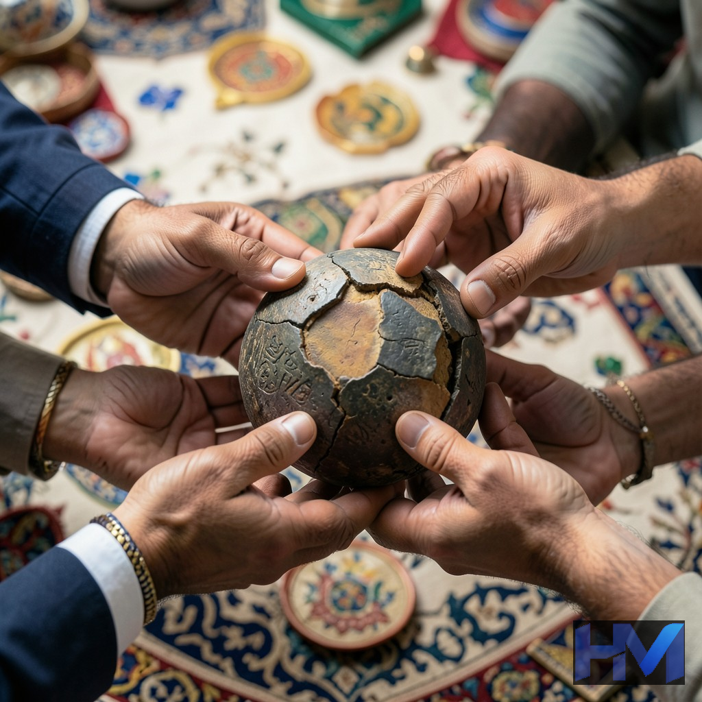 دستان نمادین کشورهای بریکس در حال حفاظت از یک اثر باستانی، نمادی از همکاری جهانی
