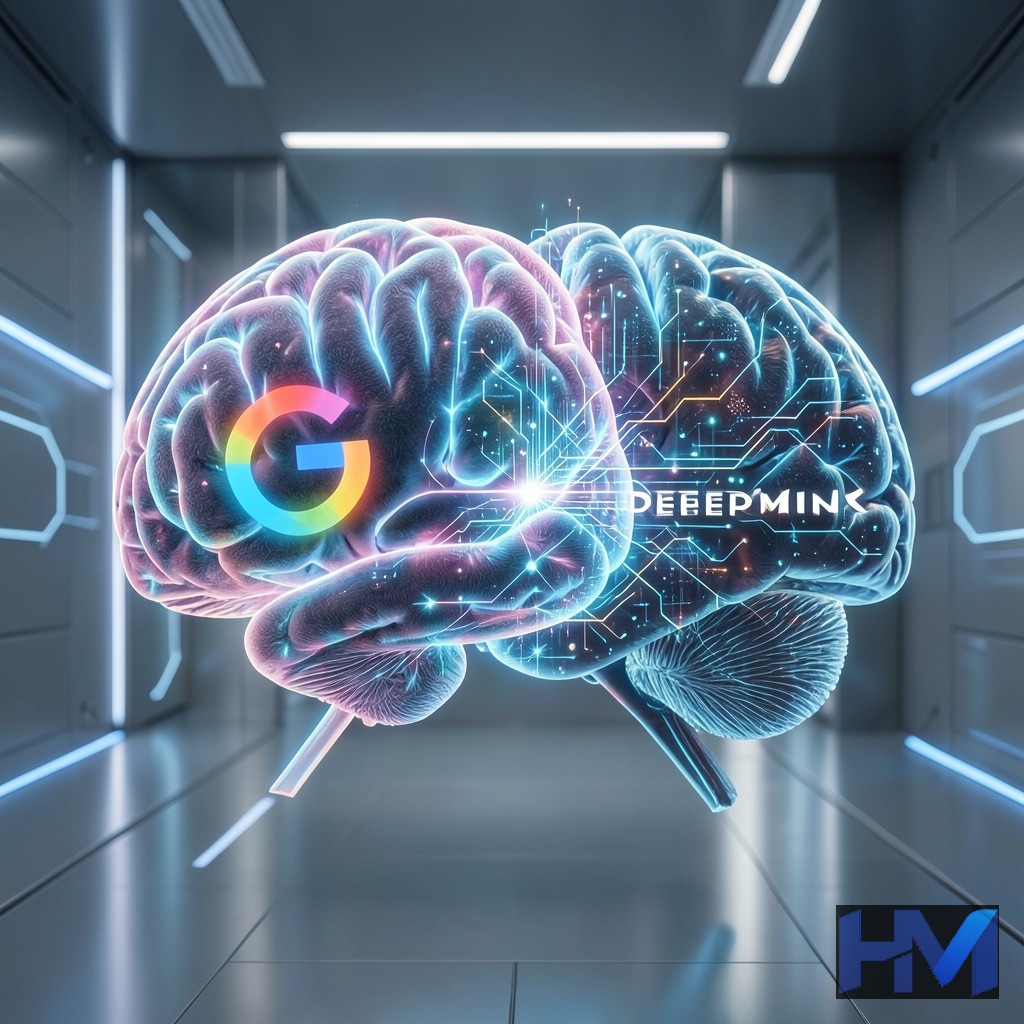 تصویر مفهومی از ادغام دو ساختار مغز دیجیتال مجزا، نمادی از Google Brain و DeepMind، که به یک موجودیت واحد و قدرتمندتر تبدیل میشوند.
