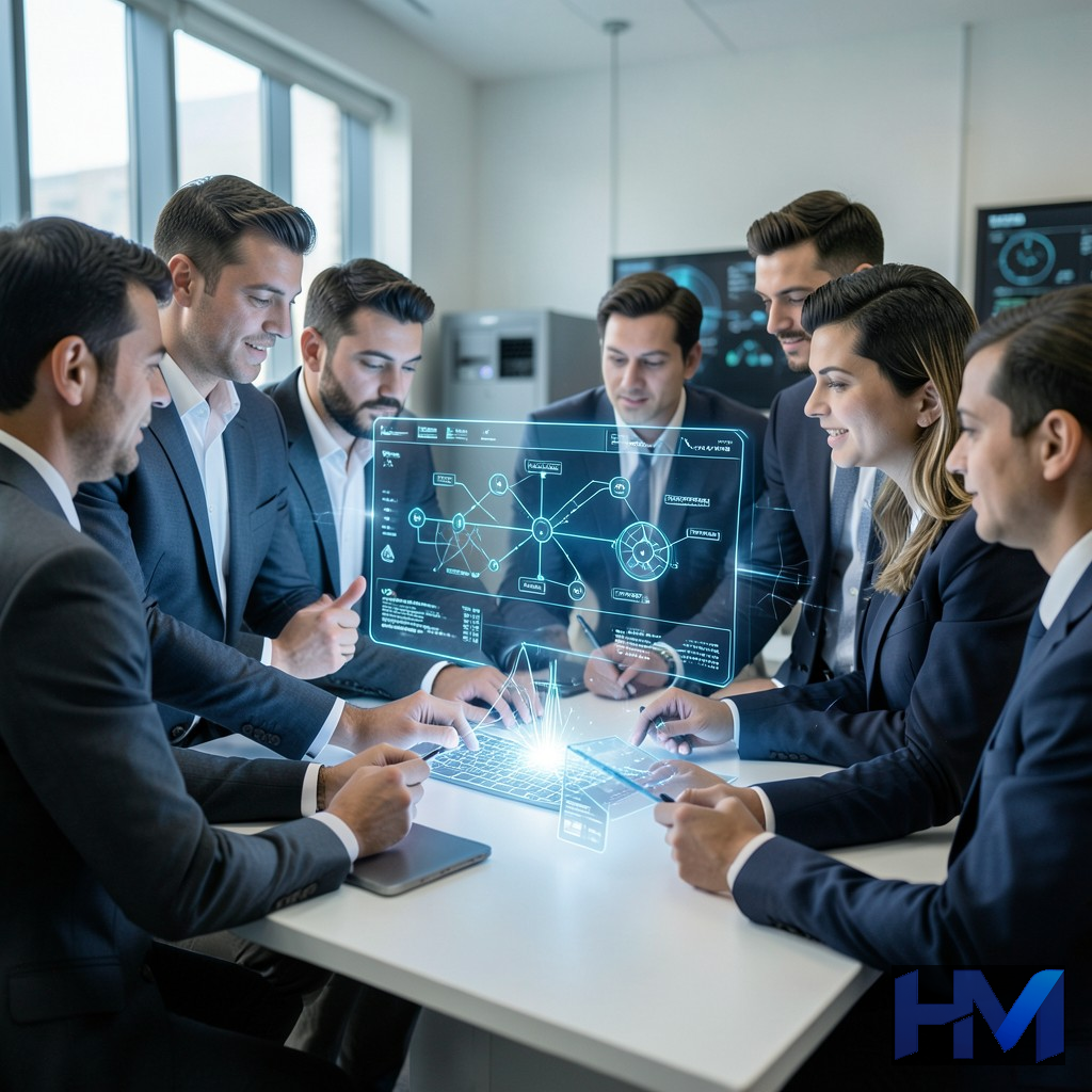 تیمی از کارشناسان امنیت سایبری در حال همکاری بر روی یک رابط هولوگرافیک
