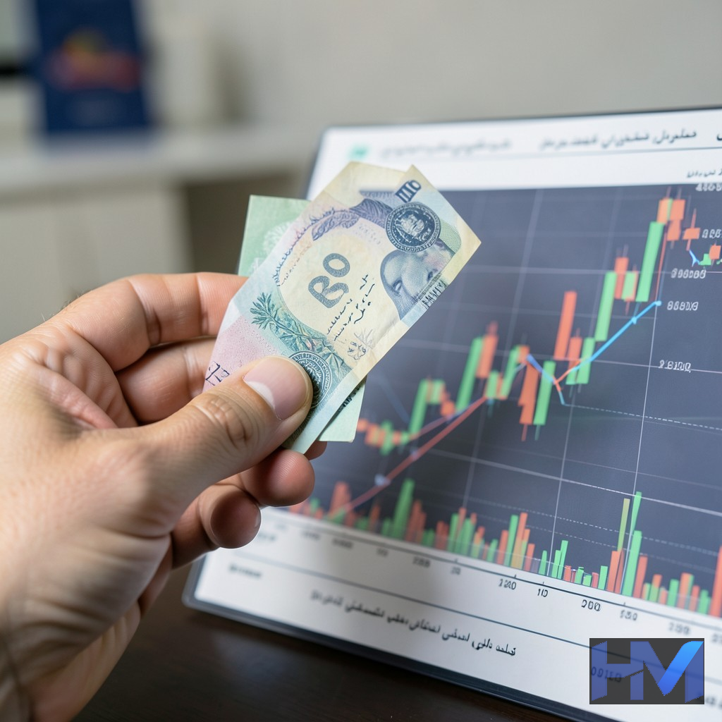 دست در حال نگهداری اسکناس ساده شده در کنار نمودار مالی، نماد حذف چهار صفر