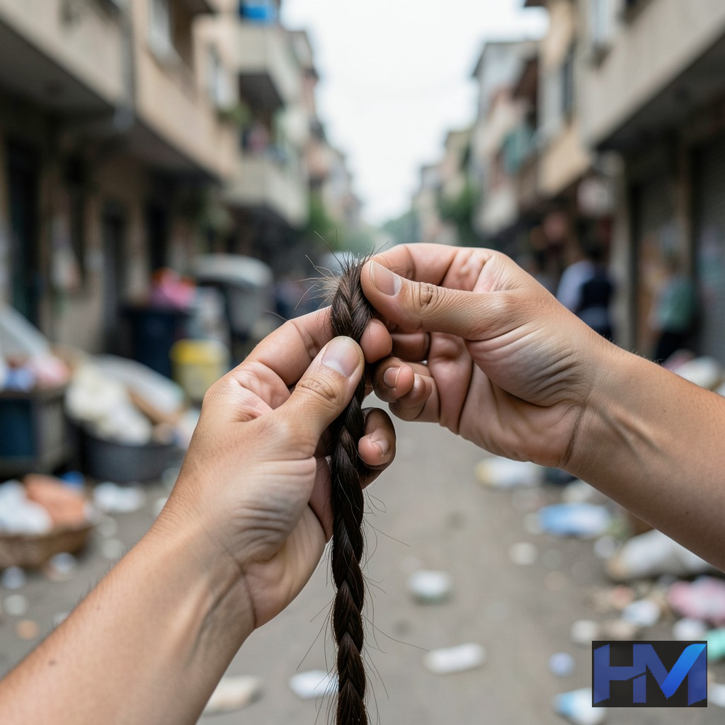 دستی که موهای بریده شده را گرفته، نمادی از فروش مو به دلیل فقر