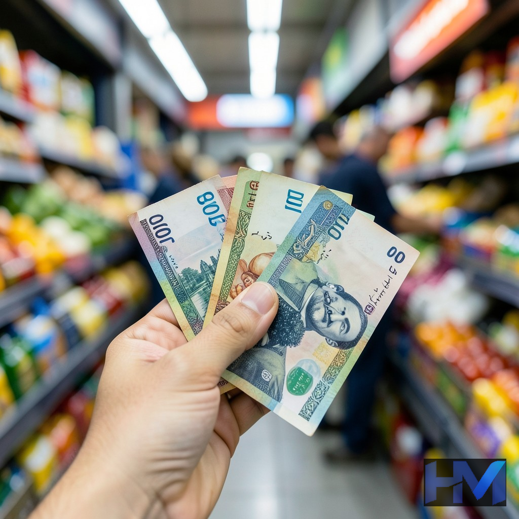 دستی در حال نگه داشتن اسکناسهای تومان در برابر پسزمینه قیمتهای فزاینده، نمادی از تورم در ایران.