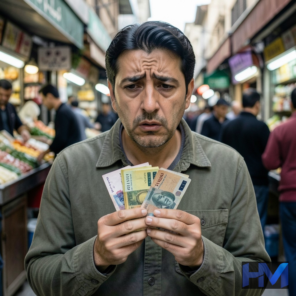 تصویری فوتورئال از فردی نگران در حال نگه داشتن اسکناس‌های ریال با ارزش کاهنده در بازار ایران.