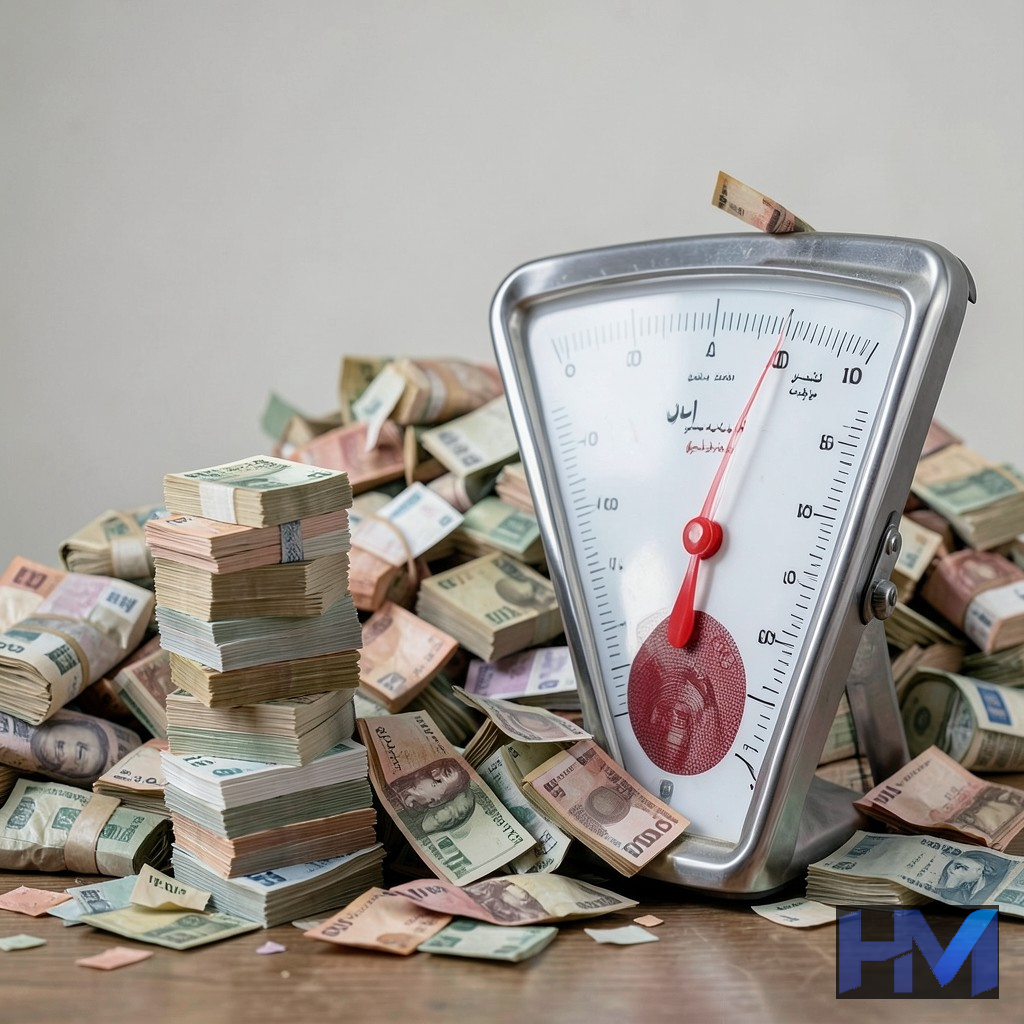 تصویری مفهومی از تورم بالا با اسکناسهای کوچک شده و اجناس گران