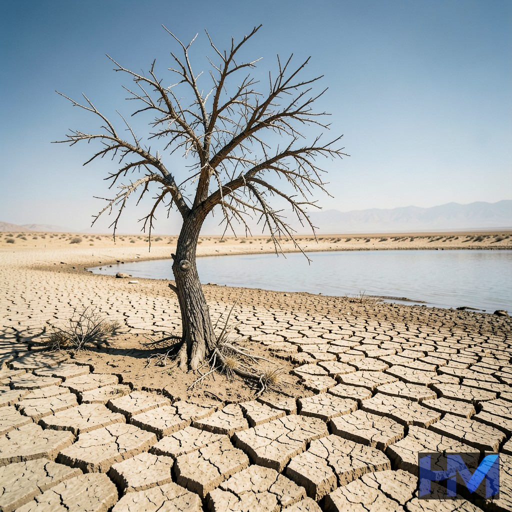 زمین‌های خشک و ترک‌خورده اطراف یک دریاچه، با درختی تنها و خشکیده، نمادی از خشکسالی