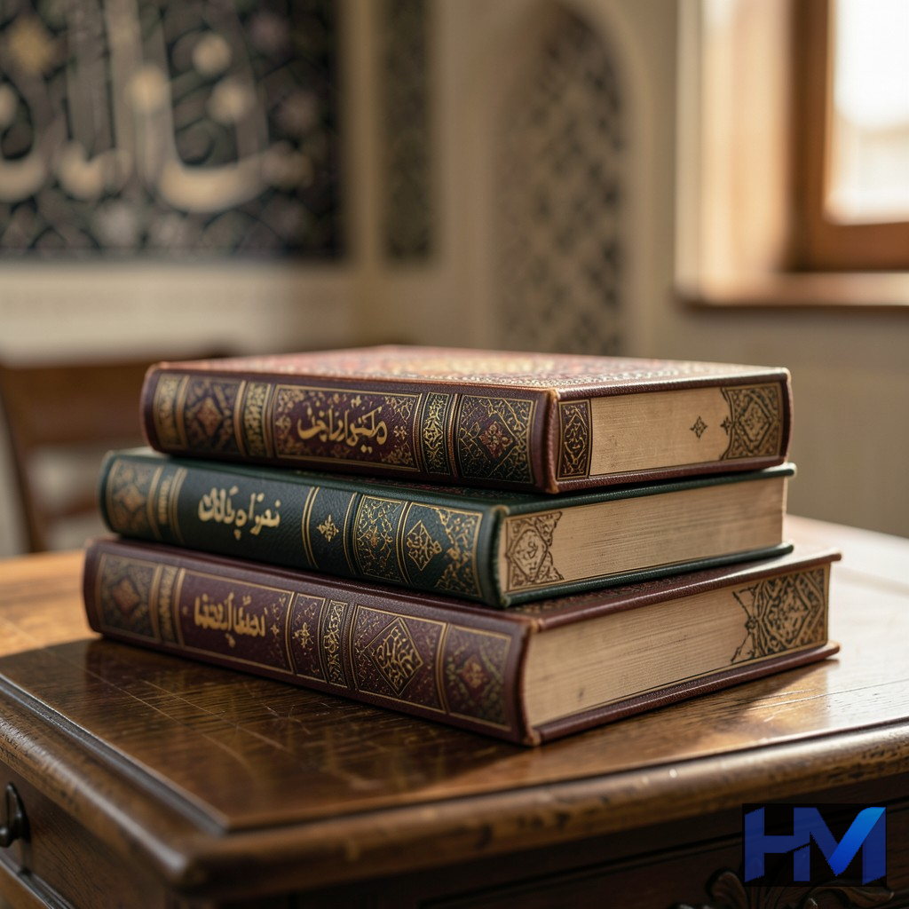 کتابهای فارسی نفیس روی میز چوبی با پسزمینه سنتی