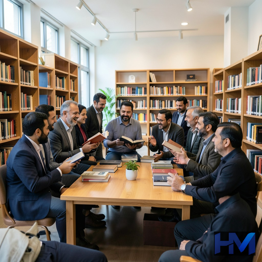 گروهی از افراد در حال بحث و تبادل نظر درباره کتاب در یک مرکز فرهنگی