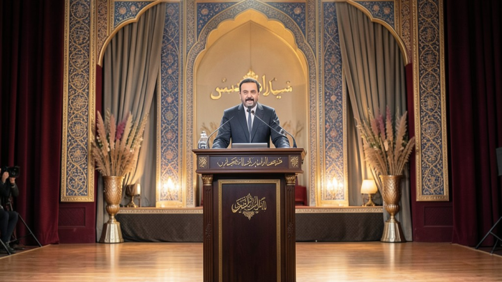 صحنه‌ای از مراسم اهدای جایزه کتاب سال ایران با نورپردازی باشکوه