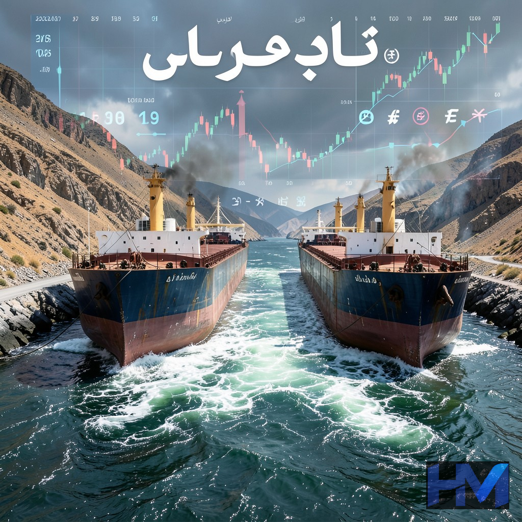 تصویری مفهومی از نفتکش‌ها در تنگه هرمز با پس‌زمینه‌ای از شاخص‌های اقتصادی جهانی