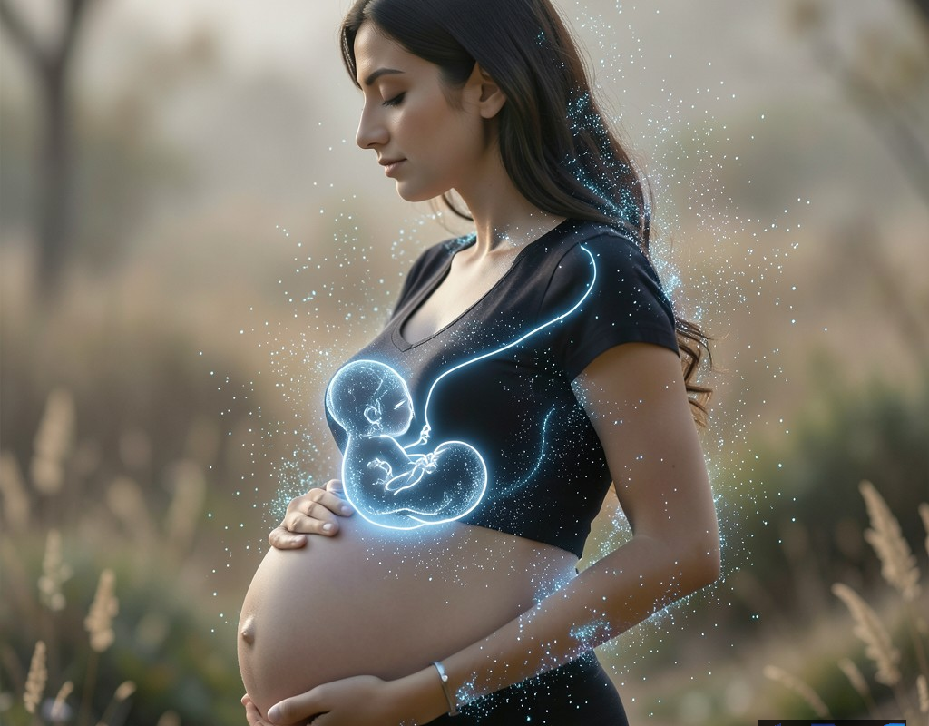 تصویری مفهومی از زن باردار احاطه شده با ذرات میکروپلاستیک