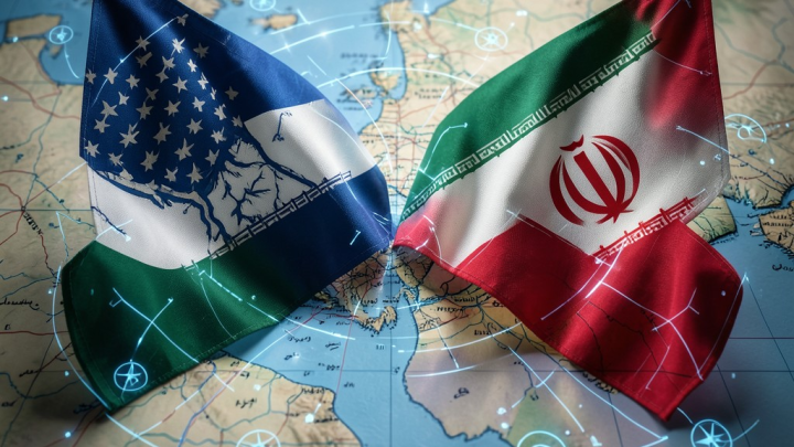 تصویری مفهومی از دیپلماسی و تنش‌های ژئوپلیتیک بین دو کشور، با نمادهایی از تنگه هرمز و انرژی هسته‌ای.
