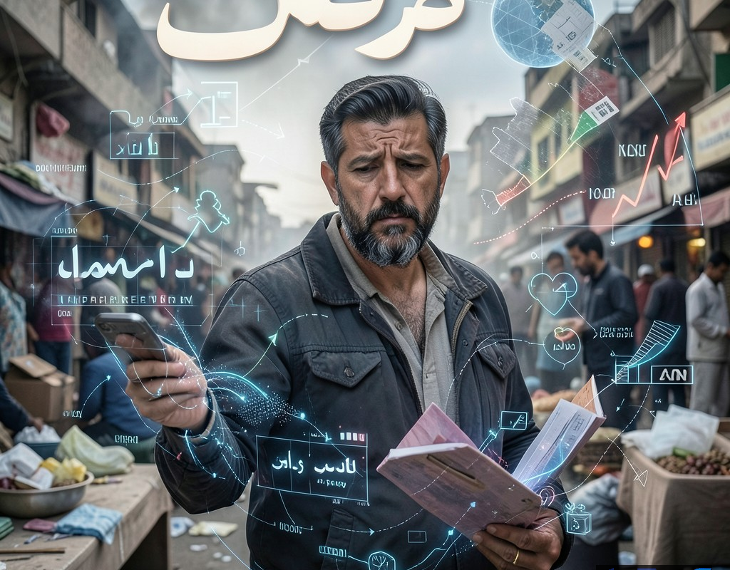 تصویری مفهومی از فشارهای اقتصادی در ایران، شامل نمادهای انتزاعی تورم و بیکاری