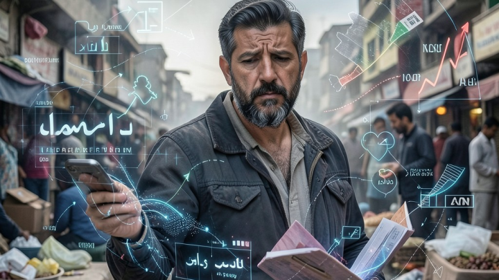 تصویری مفهومی از فشارهای اقتصادی در ایران، شامل نمادهای انتزاعی تورم و بیکاری
