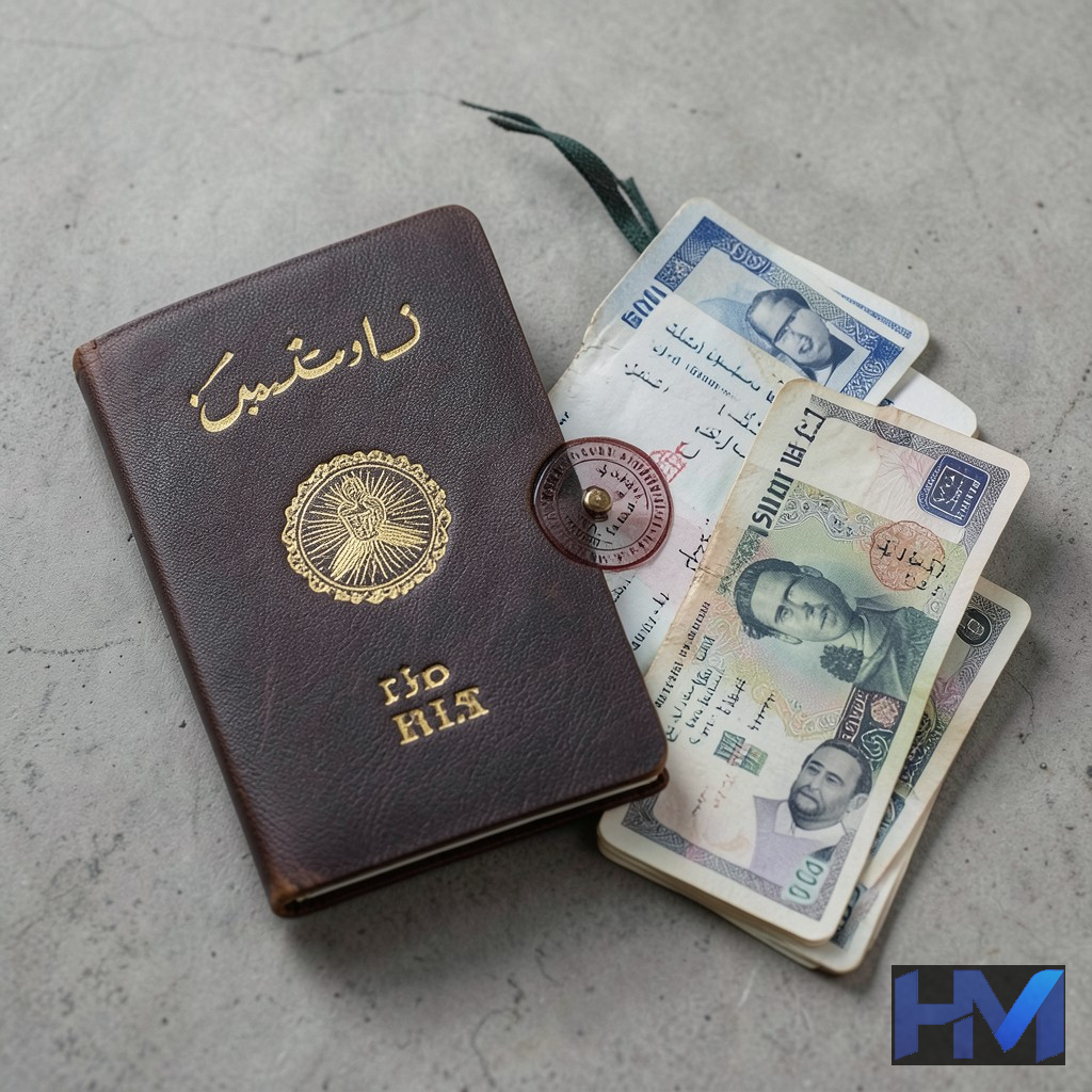 مدارک ضروری سفر اربعین شامل پاسپورت با مهر ویزای عراق، کارت ثبت نام سماح و اسکناس دینار عراقی.