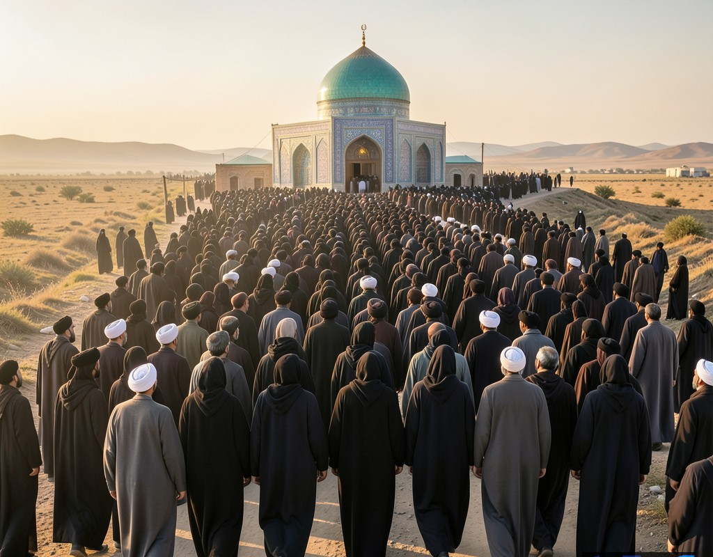تصویری فوتورئال از انبوه زائران اربعین در حال پیاده‌روی در مسیری بیابانی به سمت گنبد طلایی حرم امام حسین (ع) در دوردست، با آسمانی گرم و معنوی.