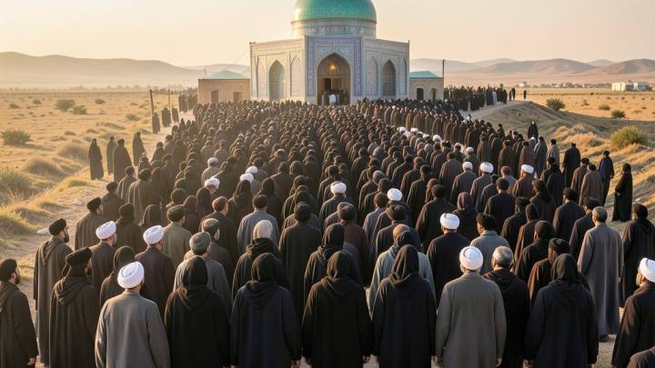 تصویری فوتورئال از انبوه زائران اربعین در حال پیاده‌روی در مسیری بیابانی به سمت گنبد طلایی حرم امام حسین (ع) در دوردست، با آسمانی گرم و معنوی.
