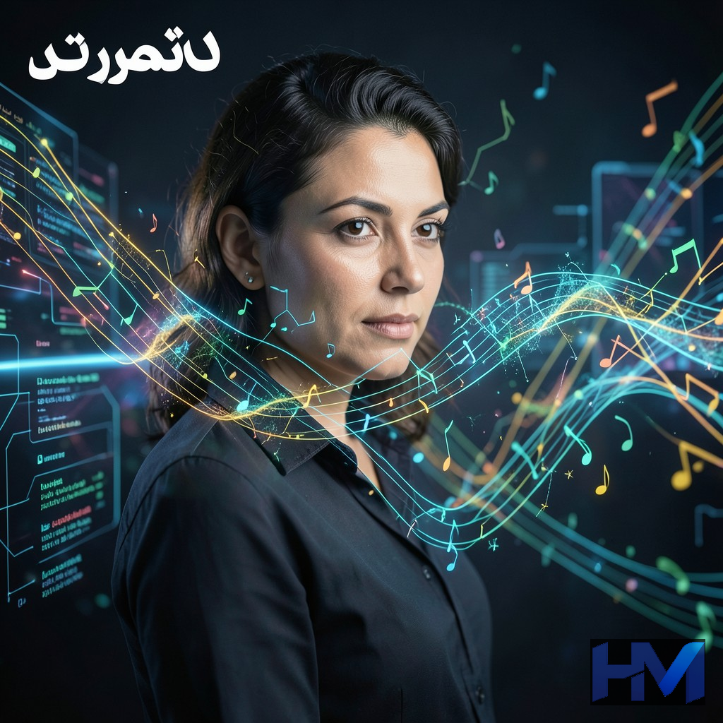 هوش مصنوعی در حال تولید موسیقی با الگوهای دیجیتالی و نت‌های شناور