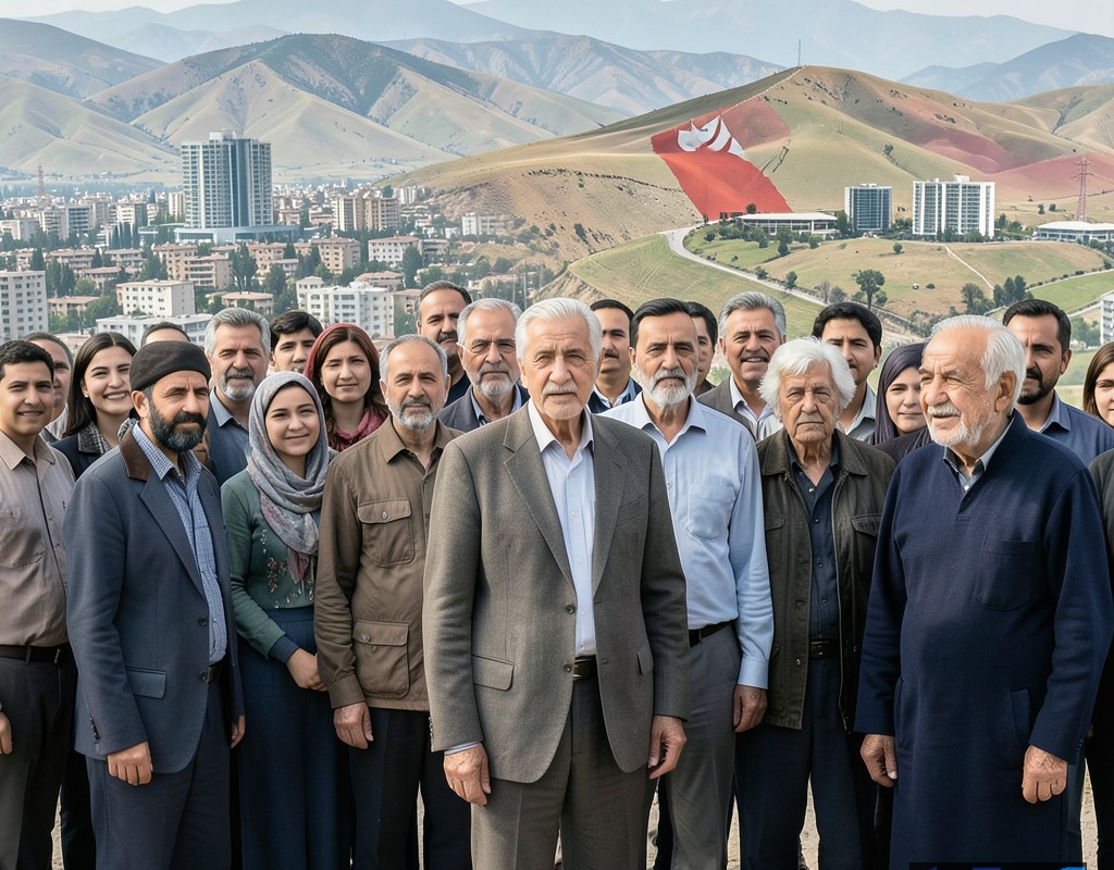 نمایی مفهومی از تحولات جمعیتی ایران با حضور افراد در گروه‌های سنی مختلف و اشاره به سالمندی جمعیت