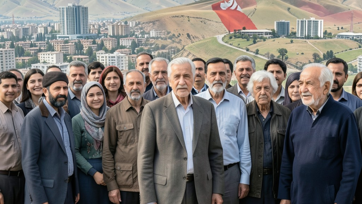 نمایی مفهومی از تحولات جمعیتی ایران با حضور افراد در گروه‌های سنی مختلف و اشاره به سالمندی جمعیت